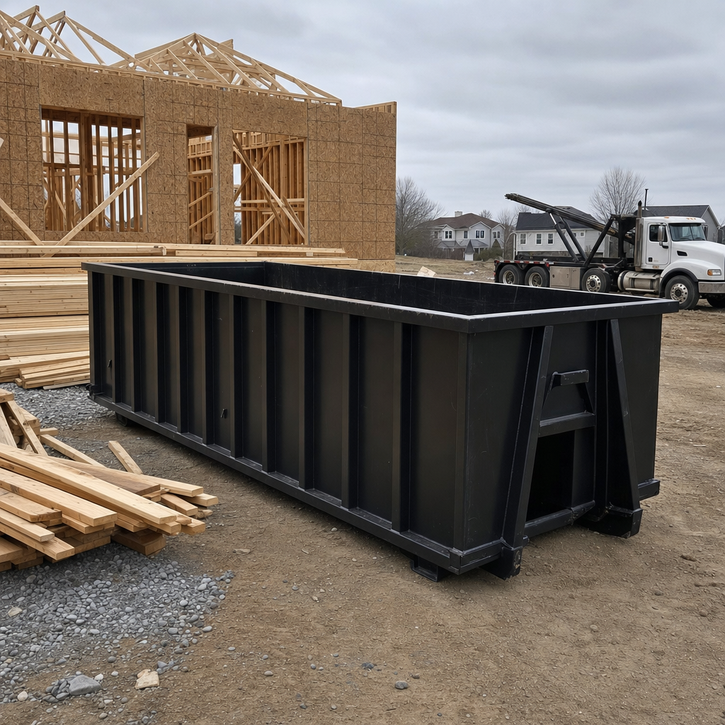 Matte-black 40-yard roll-off dumpster staged on a framed-out residential construction site in Irvine, framing lumber stacked nearby, hooklift delivery truck visible in the background under bright Colorado daylight