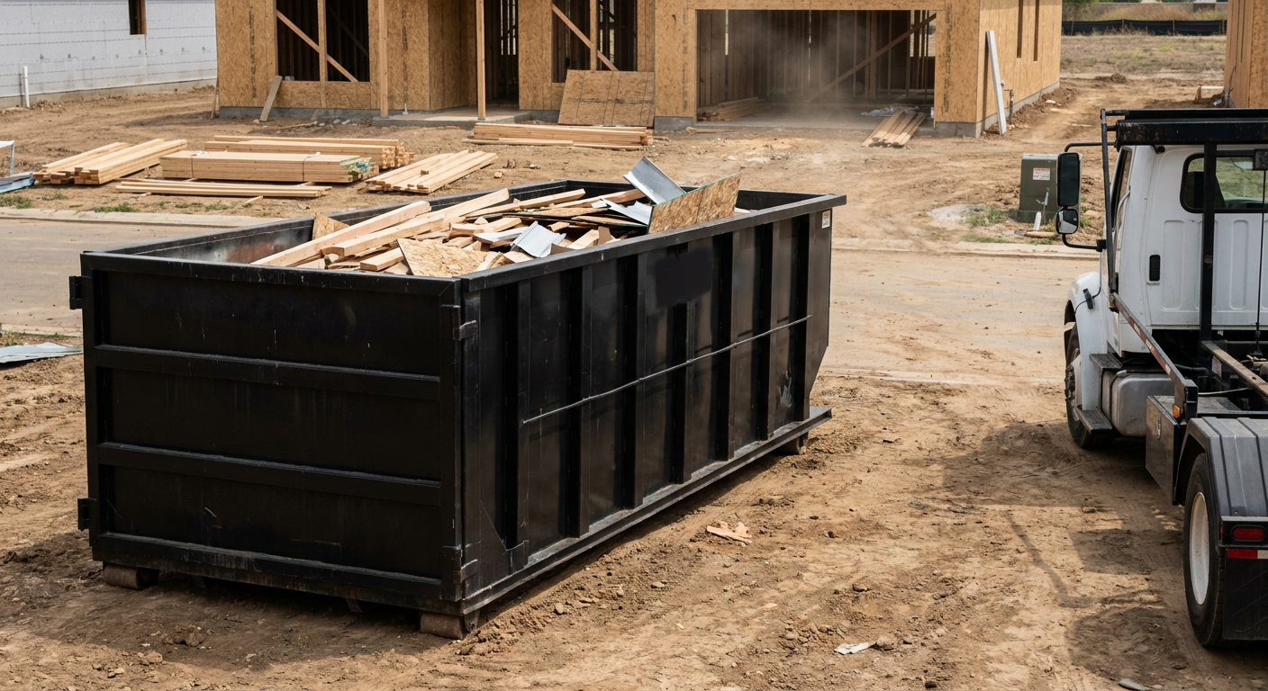 Matte-black 20-yard roll-off construction dumpster with heavy ribbed steel sidewalls and swing rear doors at a working jobsite in Irvine, sitting directly on compacted dirt with an unmarked white hauler partially visible at the far edge of the frame.