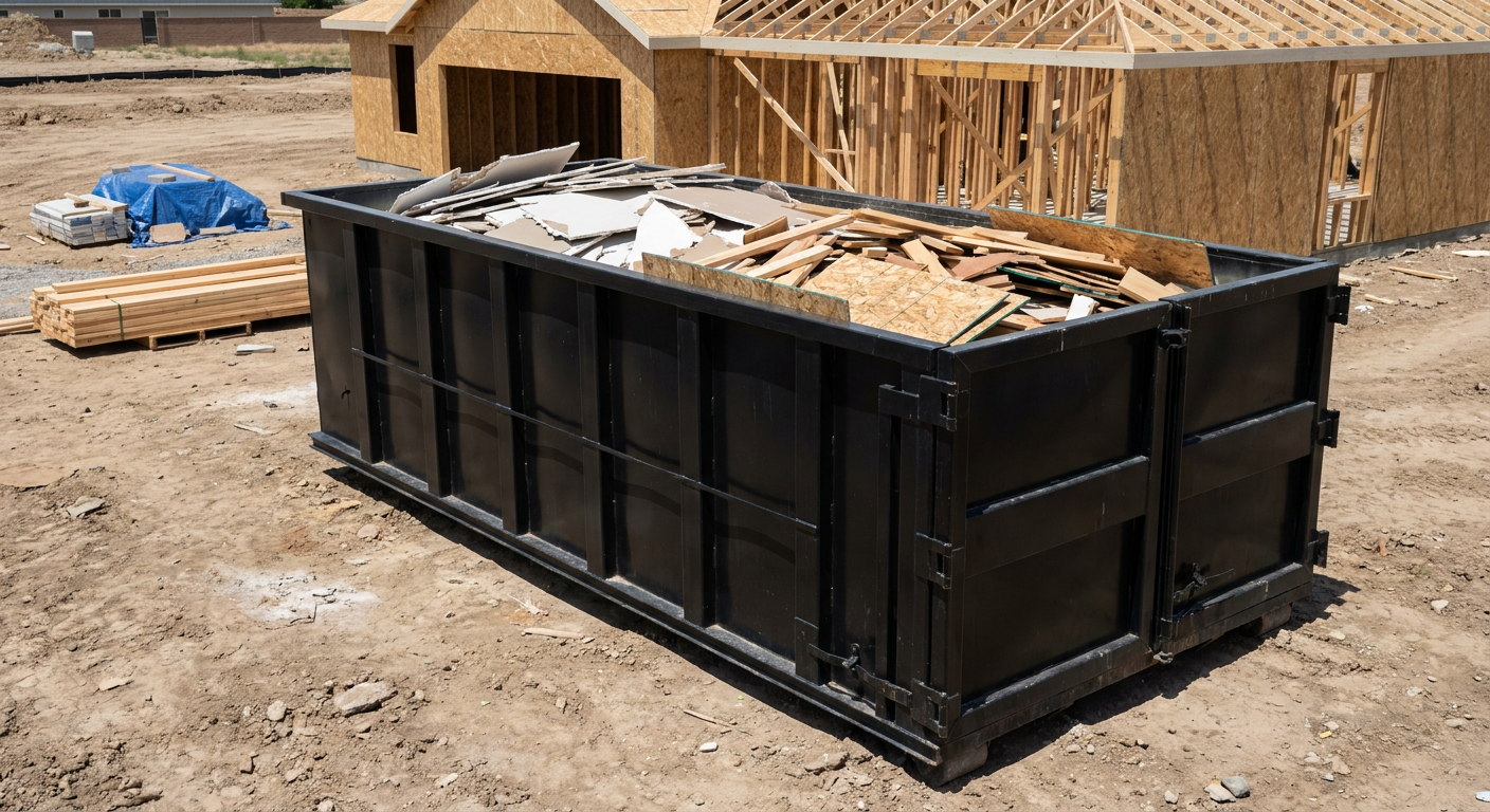 Matte-black 30-yard roll-off construction dumpster sitting directly on the compacted-dirt site of a framed single-family home build in Irvine, drywall and lumber scrap loaded inside.