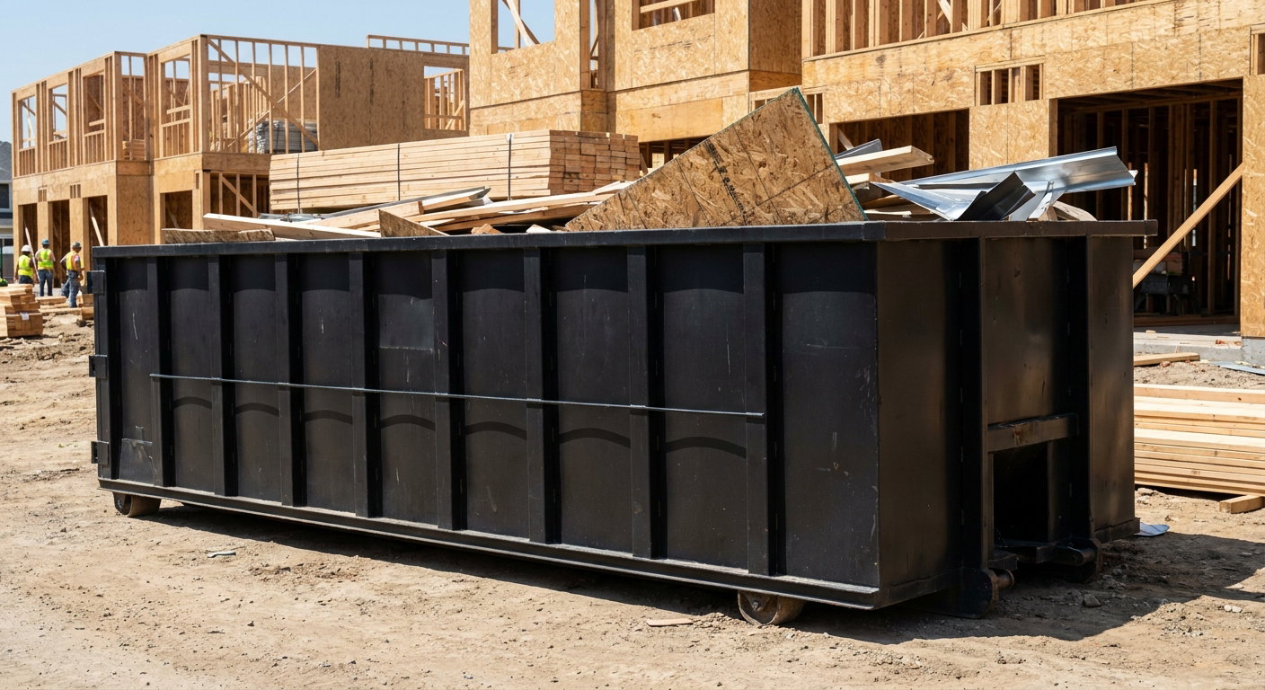 Matte-black 40-yard roll-off construction dumpster being lowered from a white-cab hooklift delivery truck onto the compacted-dirt jobsite at a commercial build site in Irvine