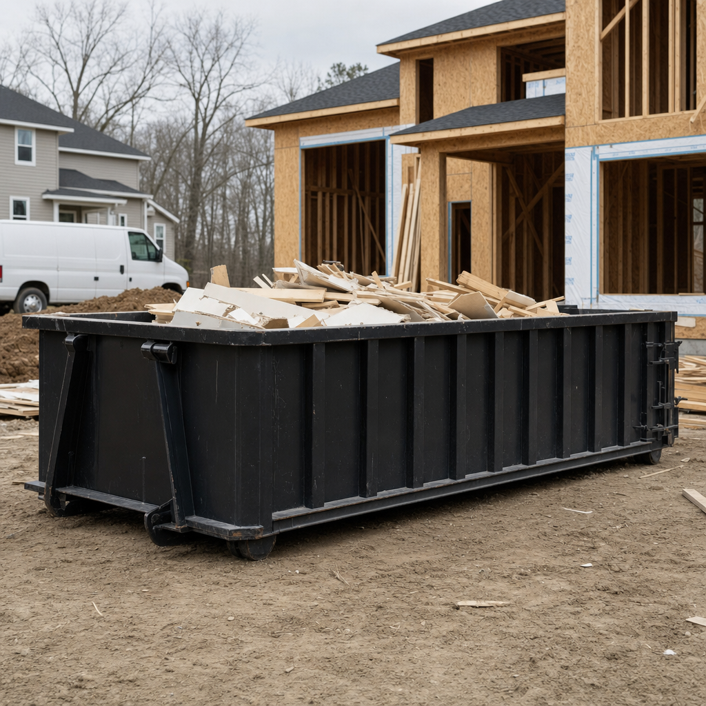 Worker in a yellow high-visibility vest tossing framing lumber and broken drywall into a matte-black 30-yard construction roll-off dumpster on an active build site in Irvine, bright daylight