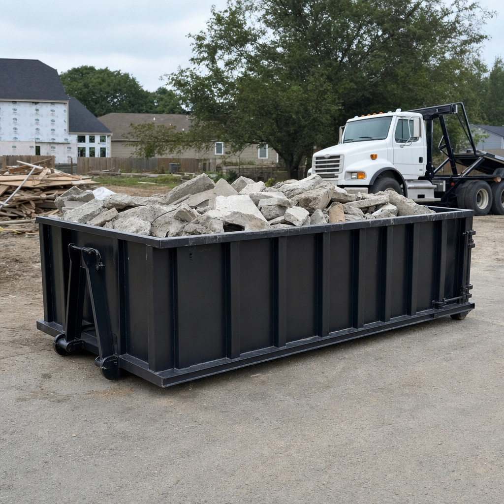 Low-profile matte-black lowboy roll-off dumpster loaded with broken concrete slab and rebar at a foundation tear-out in Irvine, skid steer parked beside it, sunny Colorado morning