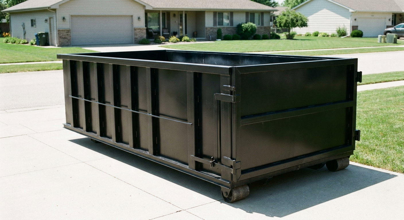 Matte-black 10-yard roll-off dumpster on a residential concrete driveway in Irvine, uniformly painted matte black across every panel and rail, ribbed steel sidewalls and rear swing door visible, mid-day daylight.