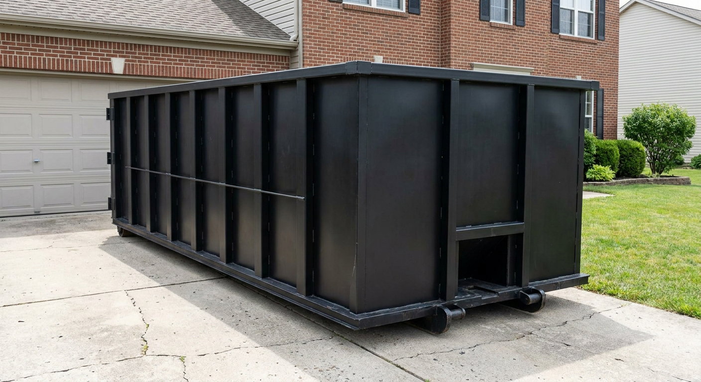 Matte-black 20-yard roll-off container on a Irvine residential concrete driveway with reinforced ribbed steel sidewalls and a hinged rear walk-in door, clean bright daylight.