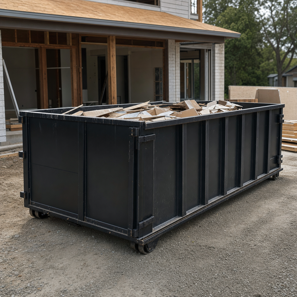 Large matte-black 30-yard construction roll-off dumpster at an active Irvine jobsite, steel-gray top rails and bottom rollers visible, loaded with construction debris.