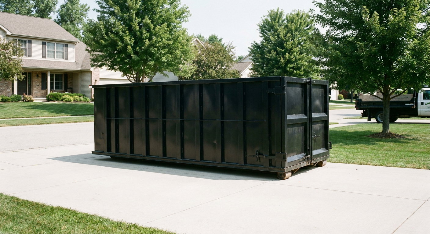 Matte-black 20-yard roll-off dumpster sitting level on a clean Irvine residential concrete driveway under bright daylight, demonstrating clean placement directly on the concrete.