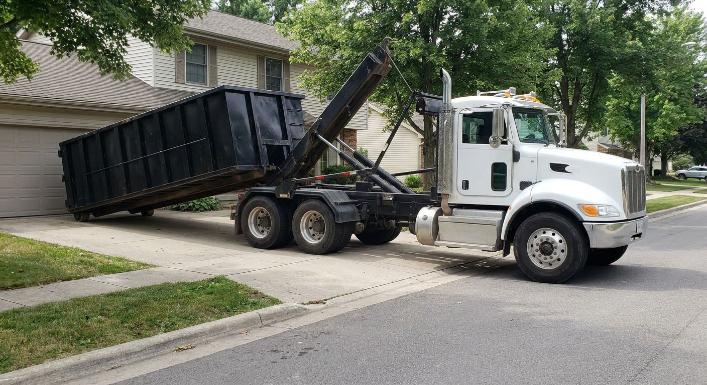 White-cab hooklift roll-off truck actively lowering a matte-black dumpster onto a Irvine residential concrete driveway, the dumpster's rear wheels touching the driveway as the hoist arm tilts the bed forward, mid-morning daylight.