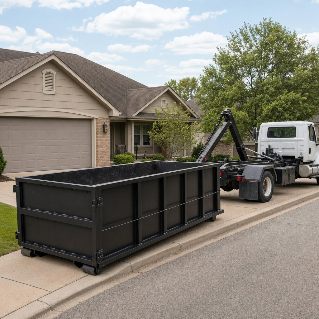 Wide documentary shot of a matte-black roll-off dumpster on a Irvine residential driveway in the foreground and a contractor jobsite container in the soft-focus background, bright daylight, calm and orderly composition.