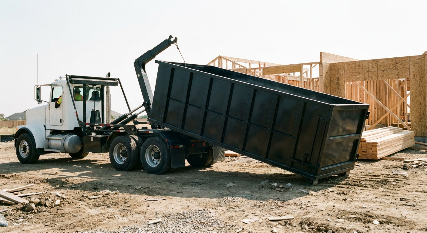 Matte-black roll-off dumpster being delivered onto a clean residential concrete driveway in Irvine by an unmarked white hooklift hauler truck, bright morning daylight, documentary 35mm perspective.