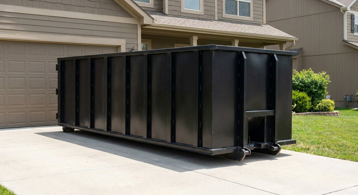Matte-black residential roll-off dumpster sitting directly on a suburban Irvine concrete driveway, garage door closed, single-family home in background, bright morning daylight.