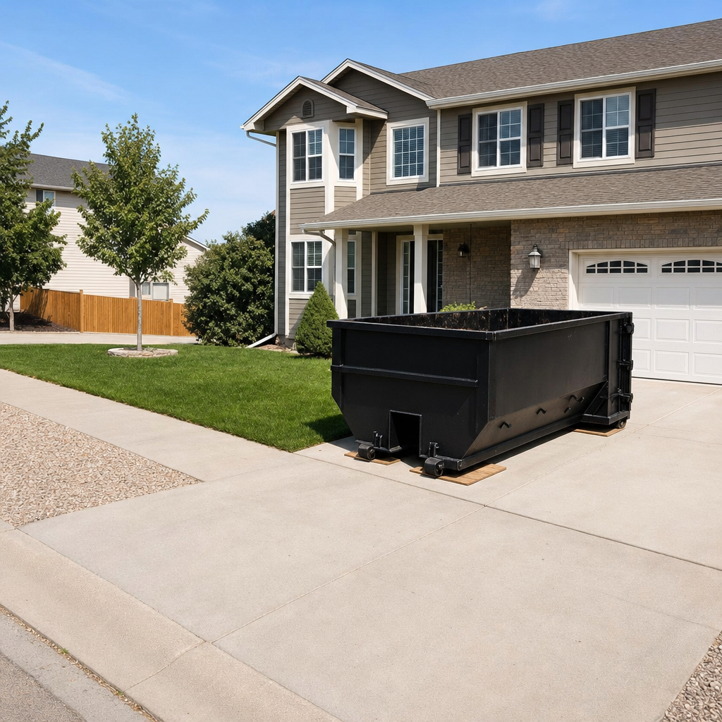 10-yard matte-black residential dumpster placed directly on a narrow Irvine concrete driveway, room remains for a parked sedan beside it, mid-morning natural light