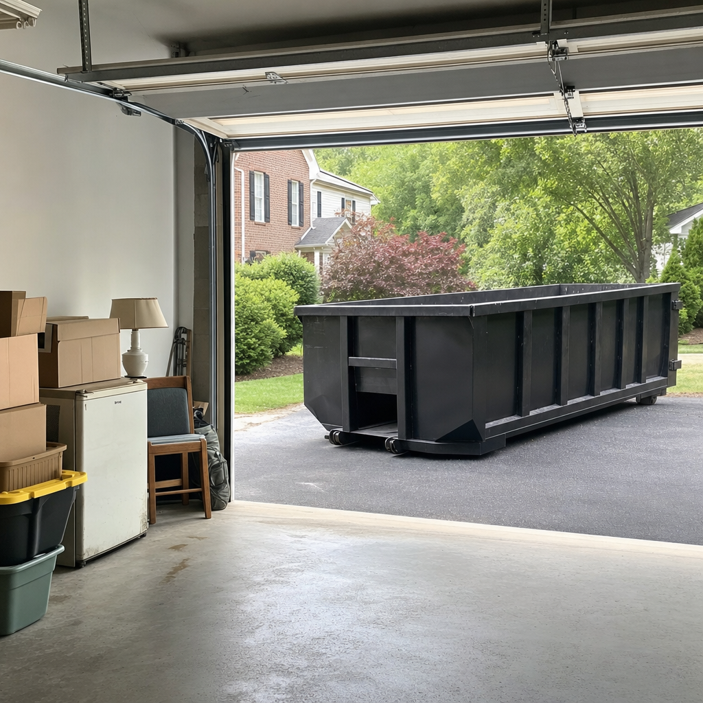 Open garage interior in a Irvine home mid-cleanout — boxed items, an old appliance, and stacked yard tools queued near the driveway for a matte-black roll-off dumpster, organized and calm