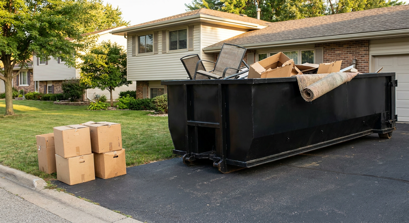 Front-yard view of a Irvine split-level home with a 20-yard matte-black roll-off dumpster sitting directly on the asphalt driveway, a few clearly labeled donation boxes staged at the curb, calm sunny afternoon.