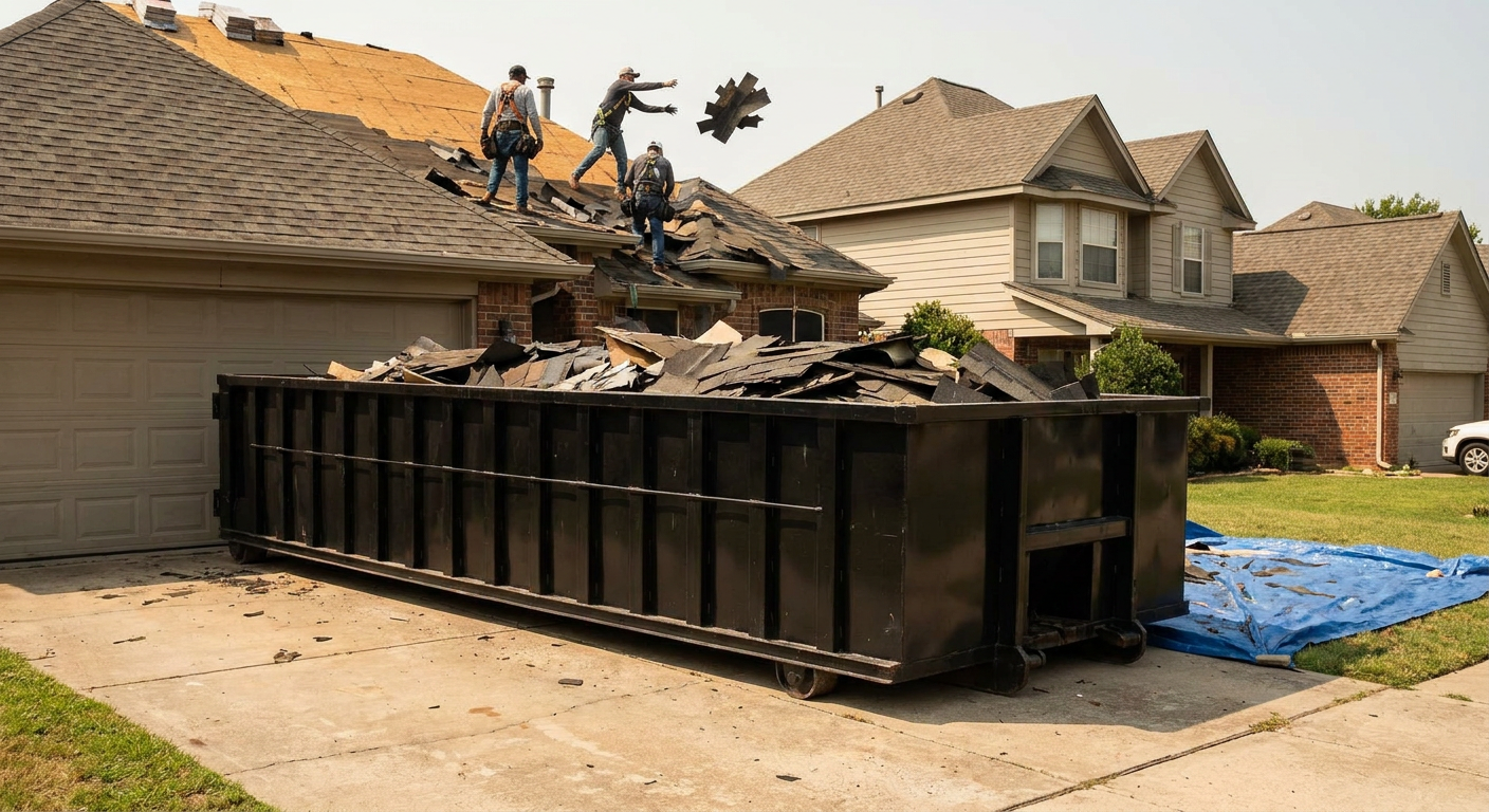 Matte-black roofing roll-off dumpster placed directly on a Irvine residential concrete driveway, a tear-off crew on a two-story asphalt-shingle roof tossing shingle bundles into the low-walled container, bright daylight, documentary 35mm perspective.