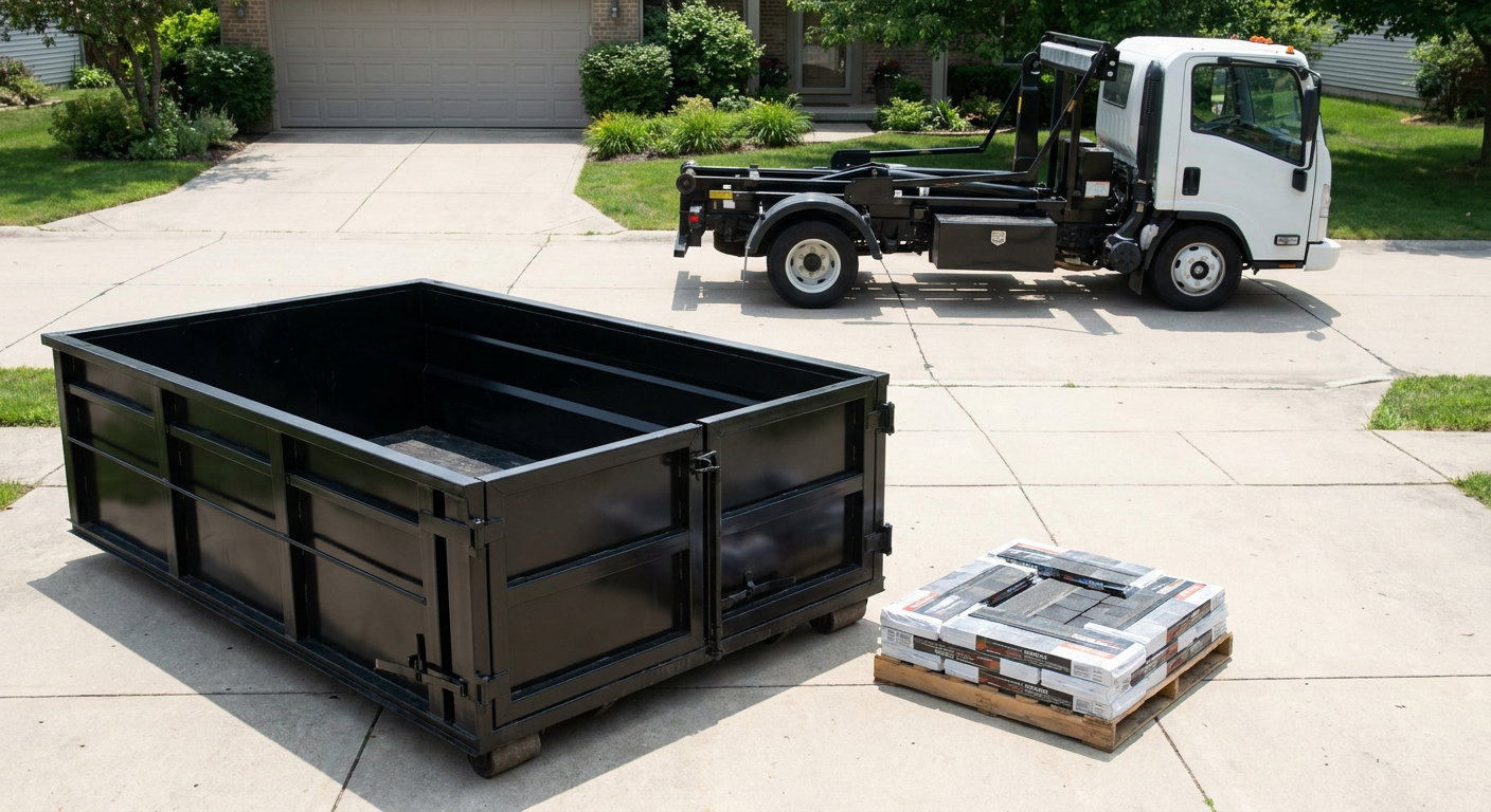 Matte-black 15-yard roofing roll-off dumpster with reinforced low side walls sitting directly on a Irvine residential concrete driveway, three-tab asphalt shingle bundles stacked nearby, an unmarked white hauler truck partially visible at the edge of the frame.