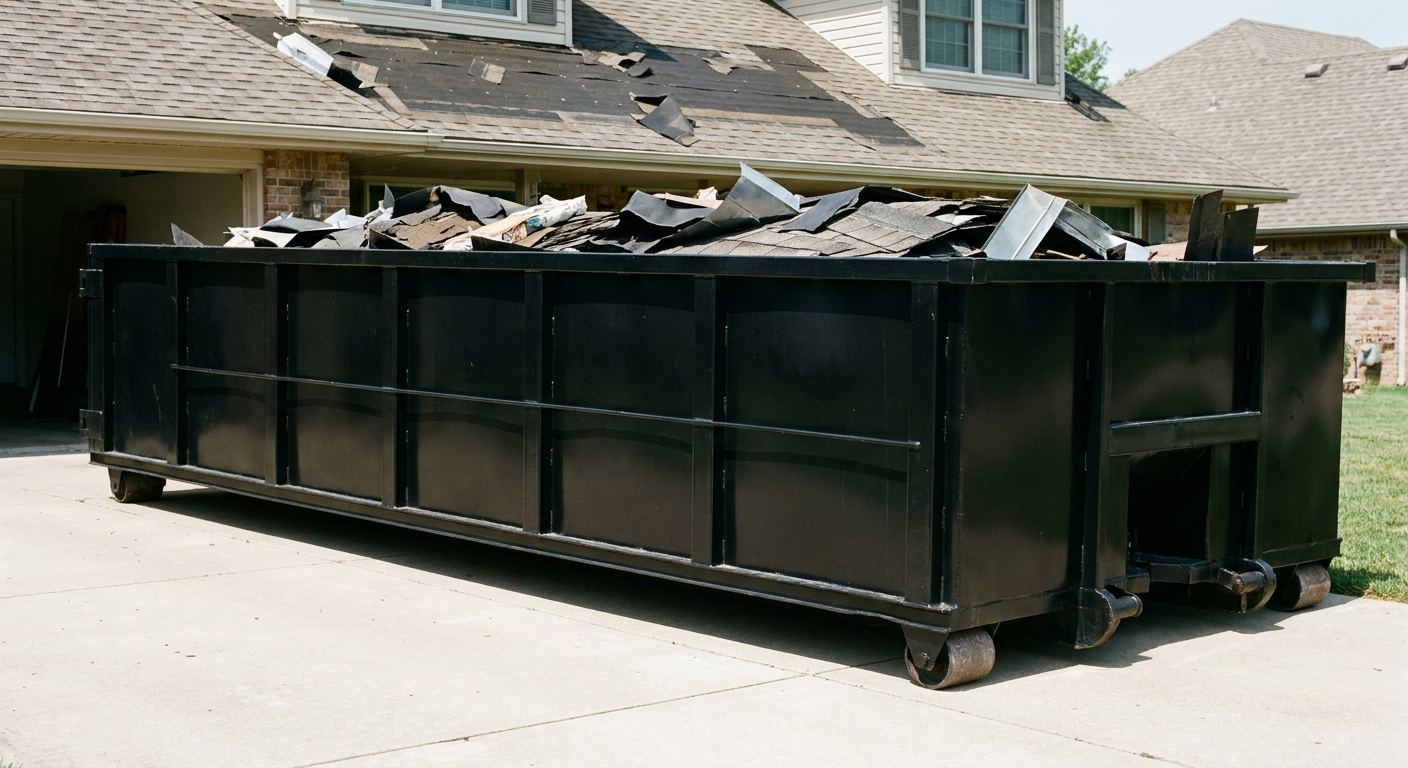 Matte-black 20-yard roofing roll-off dumpster with steel ribbed sides and swinging rear door, sitting directly on the concrete driveway of a two-story Irvine home, asphalt shingle debris being loaded over the low wall, clean documentary lighting.