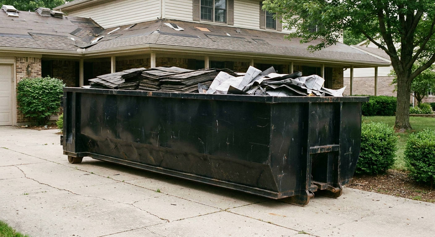 Matte-black 30-yard roofing roll-off dumpster sitting directly on a Irvine concrete driveway, taller ribbed steel side panels, mixed tear-off debris of asphalt shingles and underlayment inside, professional documentary daylight.