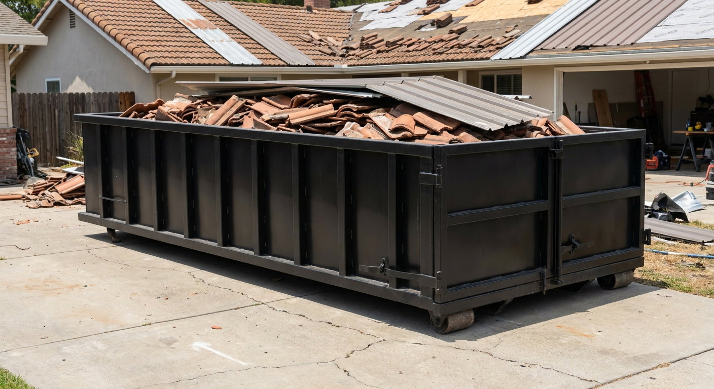 Matte-black low-wall heavy-debris roofing roll-off dumpster sitting directly on a Irvine concrete driveway, broken concrete clay roof tiles and metal panel sections loaded inside, reinforced ribbed steel side walls visible, bright outdoor daylight.
