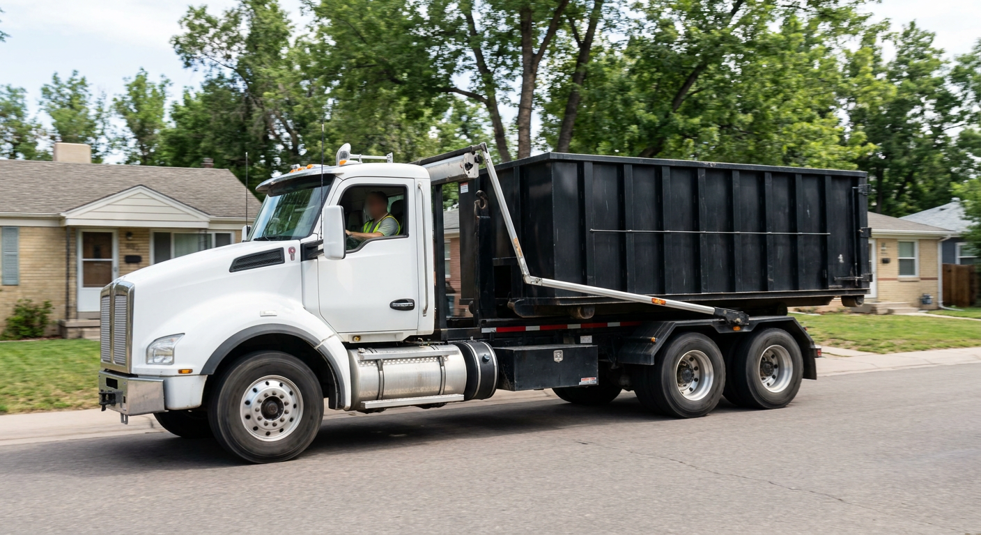 A wide documentary shot of a matte-black roll-off delivery truck pulling onto a quiet Irvine residential street at mid-morning, with neighborhood rooftops and tree-lined blocks visible behind, showing the metro coverage footprint.