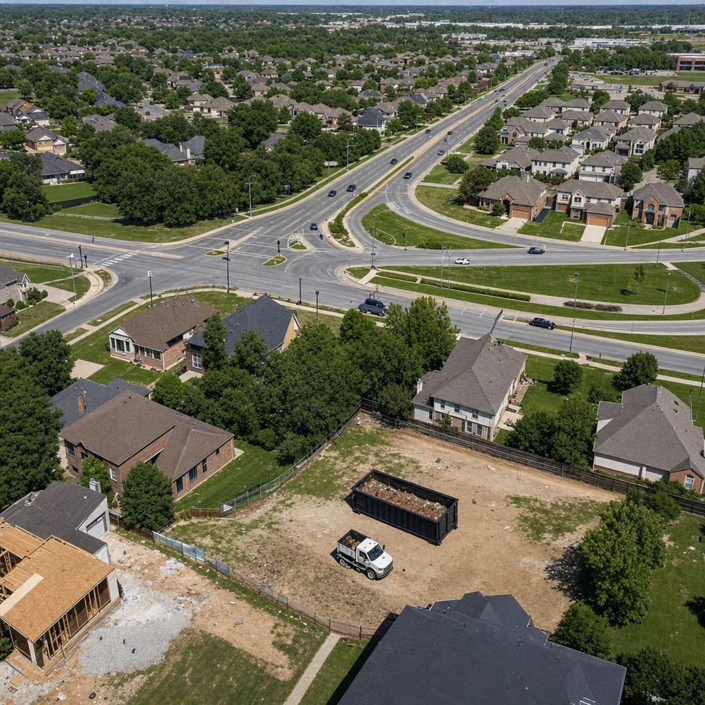 An overhead documentary view of the Irvine metro area at midday, showing the spread of neighborhoods, arterial roads, and the dispatch radius from a central yard — clean daylight, organized geographic layout.