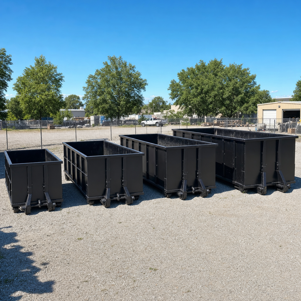 A clean lineup of matte-black roll-off dumpsters in 10, 20, 30, and 40-yard sizes staged on a sunlit gravel yard in Irvine, showing the size progression from compact to commercial-scale containers.