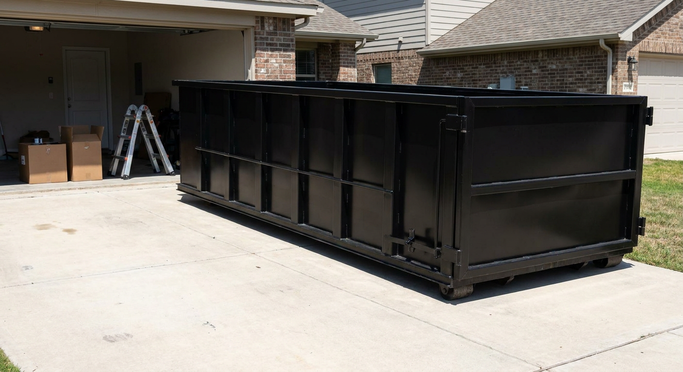 A matte-black 10-yard roll-off dumpster sitting directly on a residential Irvine concrete driveway, mid-day sunlight, clean and ready for a garage cleanout.