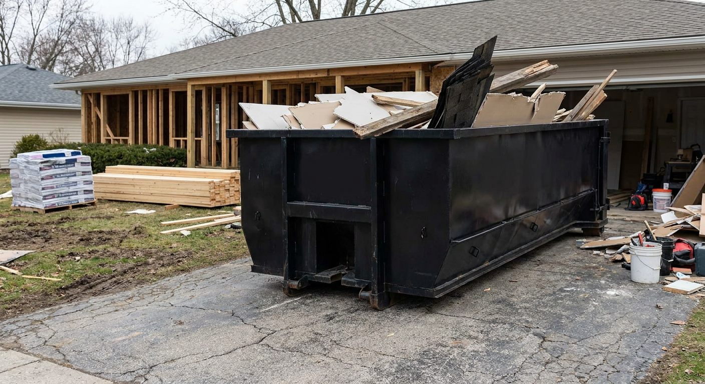 A matte-black 20-yard roll-off dumpster placed alongside a mid-renovation Irvine home directly on the asphalt driveway, with framing materials and torn-off shingles staged neatly nearby.