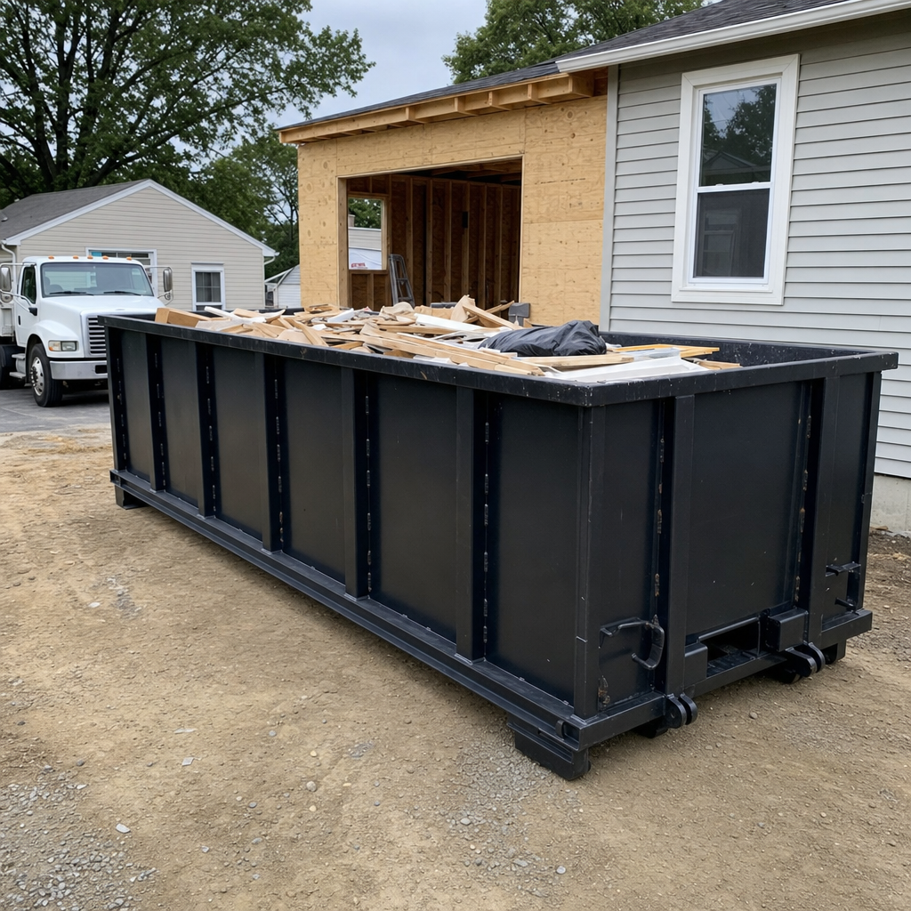 A matte-black 30-yard roll-off dumpster positioned at a Irvine residential addition jobsite, with framing lumber and drywall scraps loaded through the open swinging rear doors.