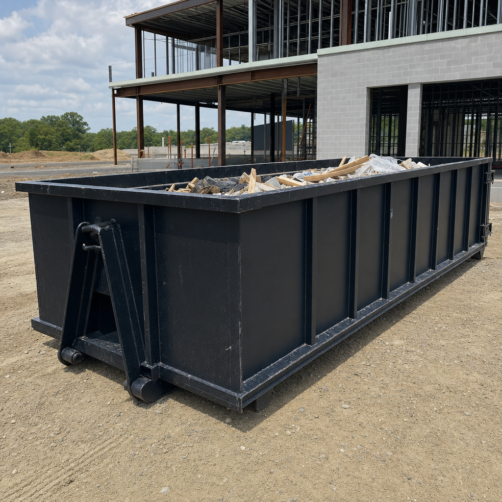A matte-black 40-yard roll-off dumpster staged on a large Irvine commercial construction lot, with a hooklift delivery truck parked alongside under bright midday sky.