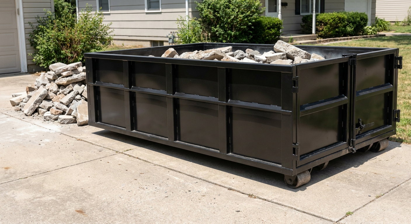 A matte-black low-side heavy-debris roll-off dumpster placed directly on a Irvine concrete driveway, with broken concrete chunks neatly stacked beside it under clean daylight.